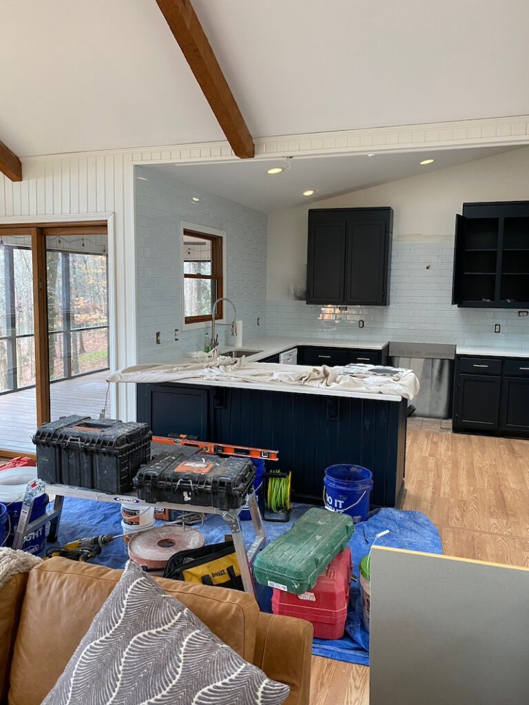 light blue glass subway tile kitchen