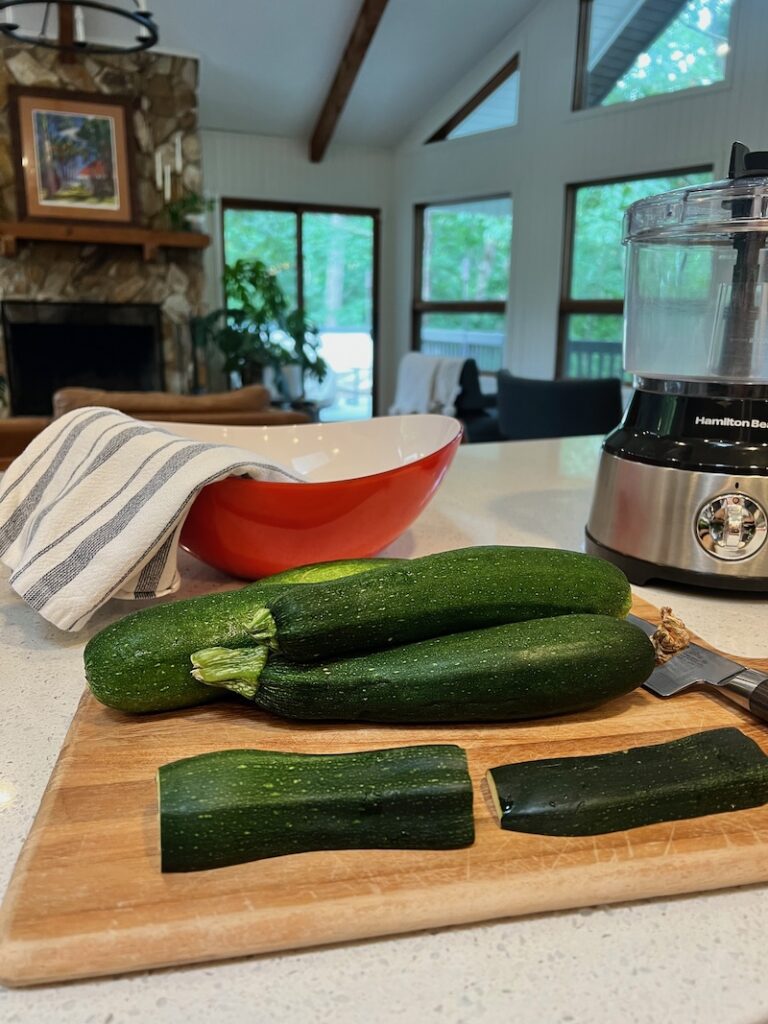  zucchini sliced on cutting board 