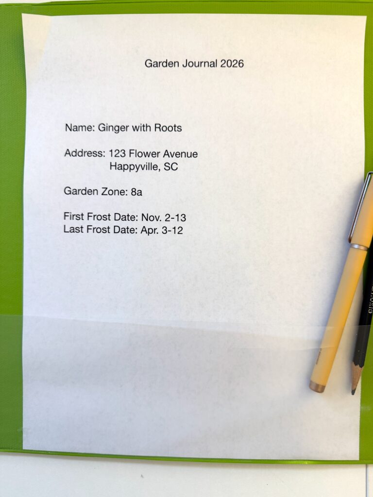 simple garden journal name page