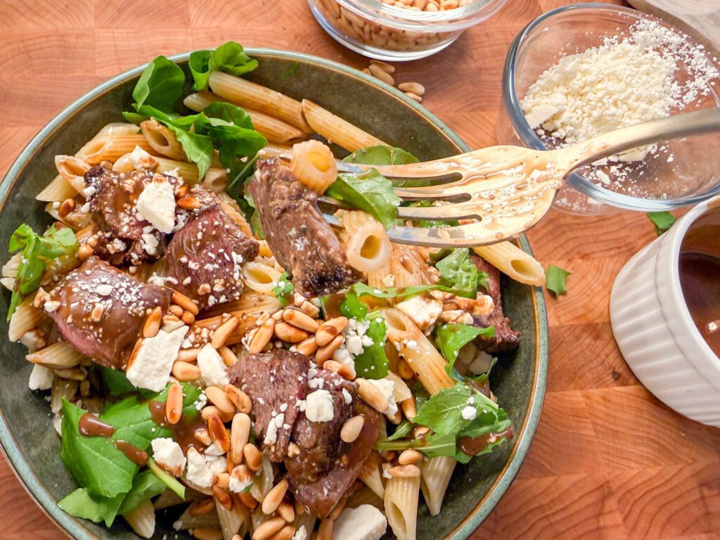 steak and arugula pasta