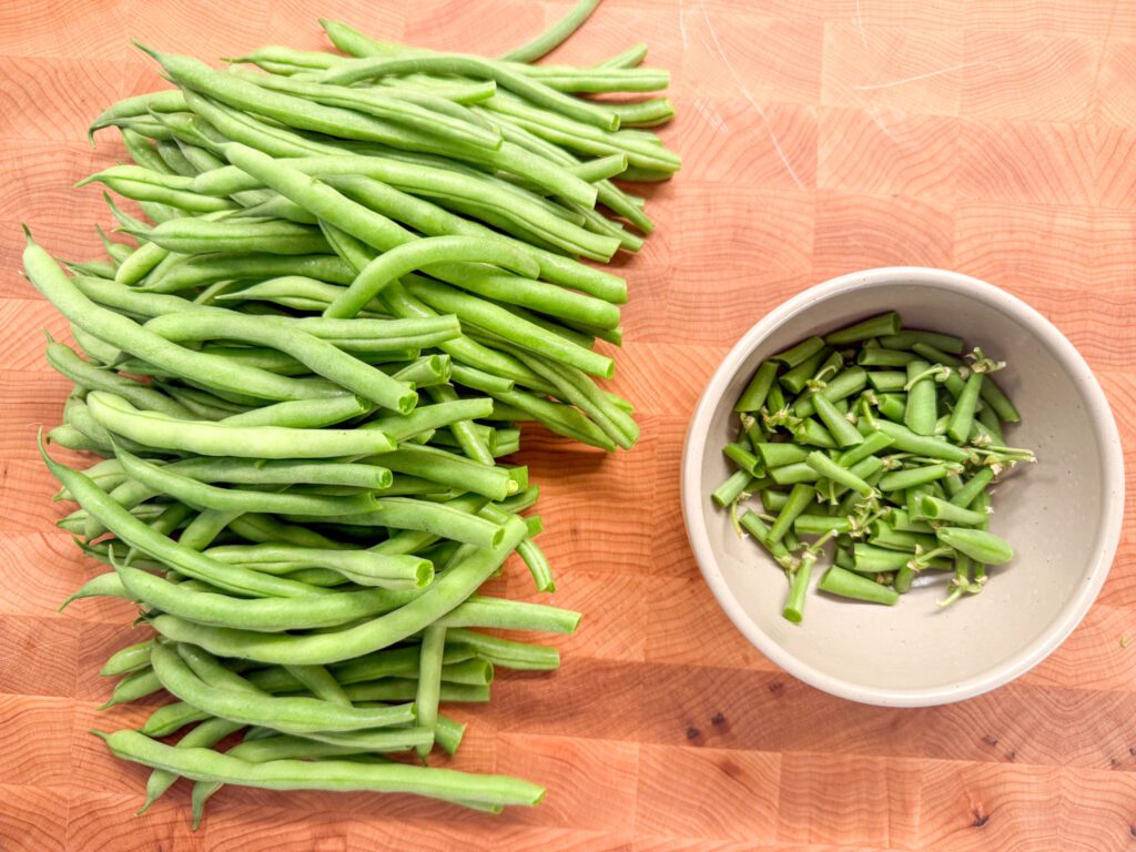 harvest skillet green beans with bacon and cranberry pear white balsamic prep